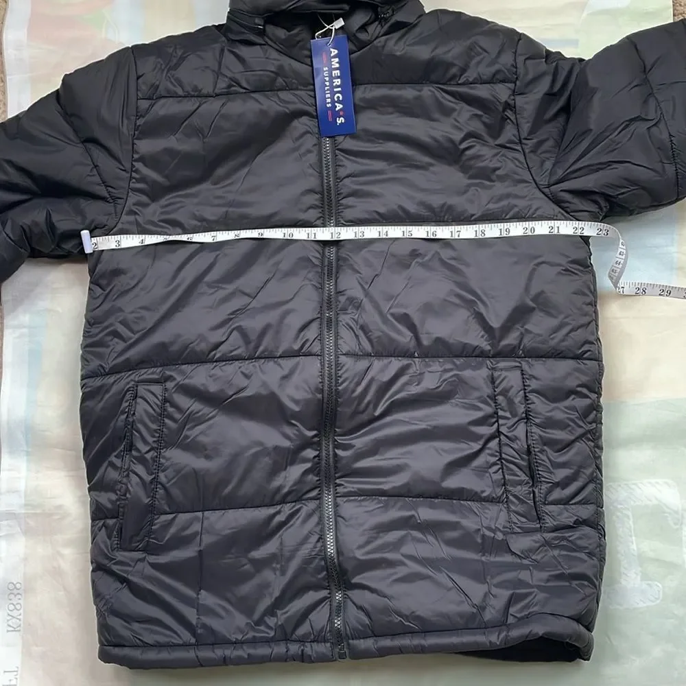 America's Suppliers Black Unisex Puffer Coat Fur Full Lined Hoodie Sz M